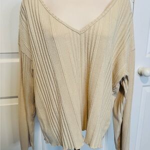 SHEIN Beige Ribbed V-Neck Long Sleeve Top